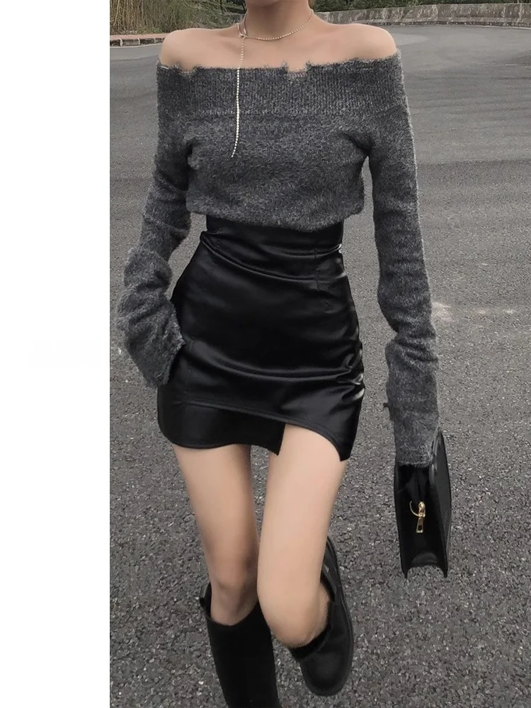 

Асимметричная юбка из искусственной кожи с высокой талией для женщин, облегающая юбка трапециевидной формы для пикантных девушек, корейская юбка для поездок на работу