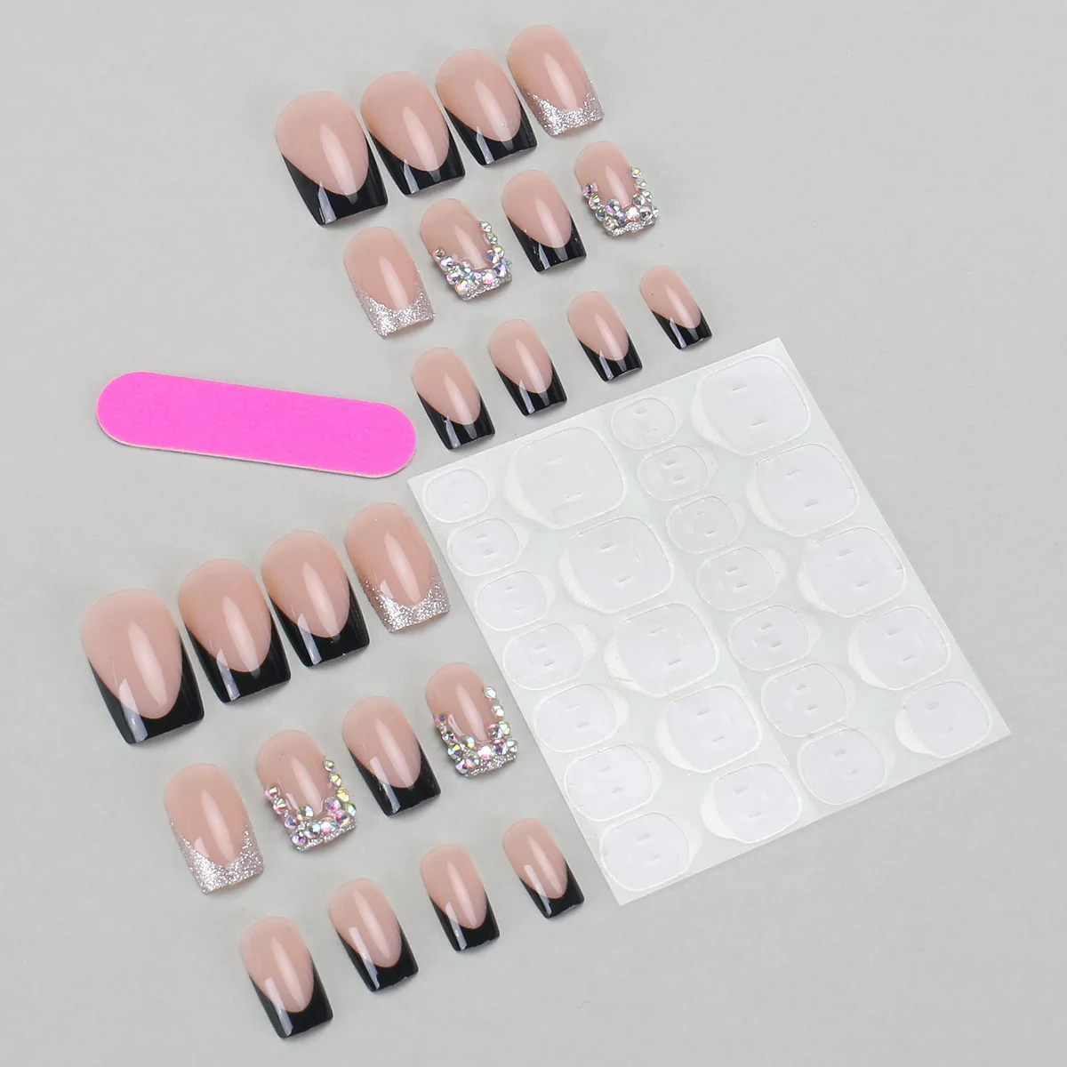 24 個ヨーロッパとアメリカの人気の着用ネイルパッチラインストーンスパークリングブラックフレンチネイルパッチスパイシーガール偽爪