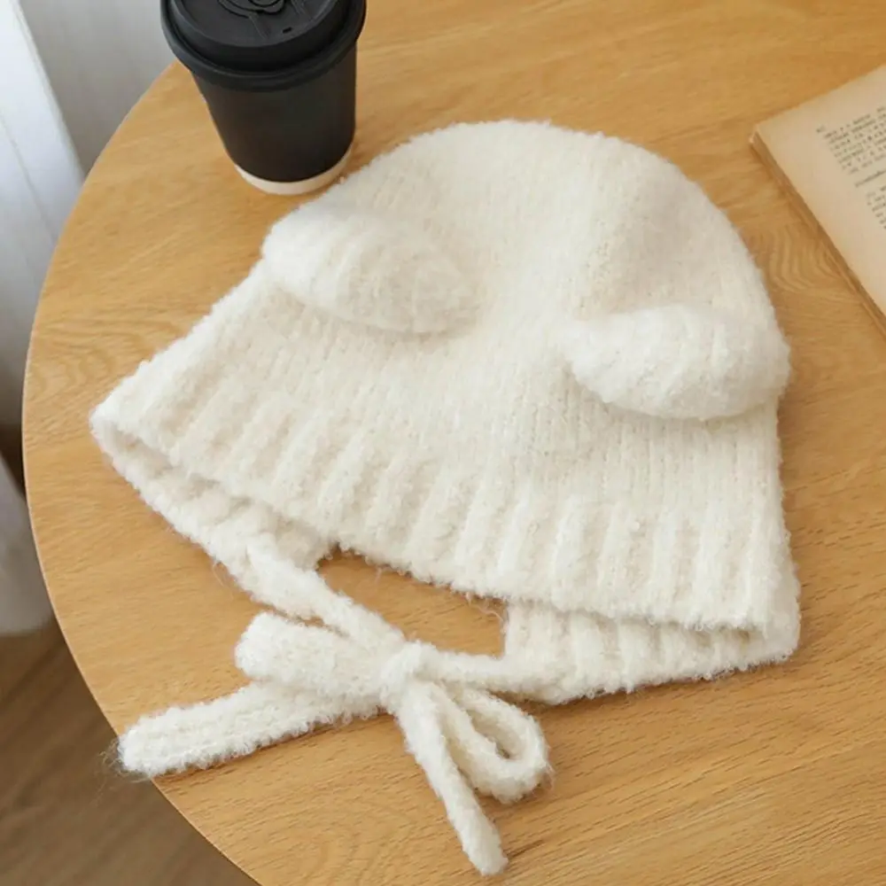 Cute Lace-up Bear Ears Knit Hat Slouchy Warm Ear Protection Hat Cold-proof Fleece Lined Beanie Cap Winter