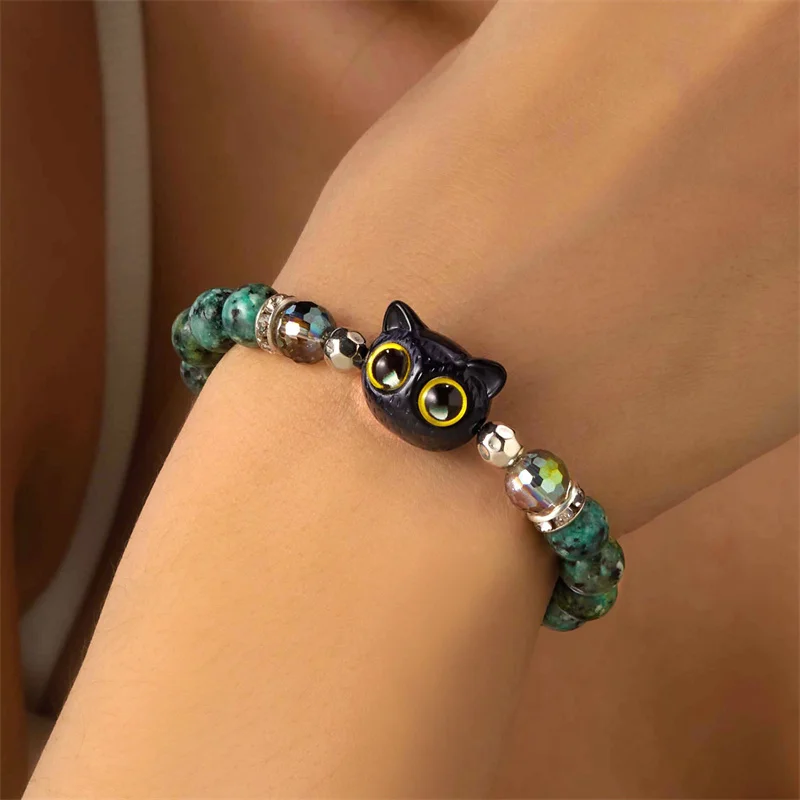 

Cute Big Eyes Black Cat Beaded Bracelet Fashion Natural Stone Elastic Bracelet Women's Hand Bracelets Jewelry Accesories