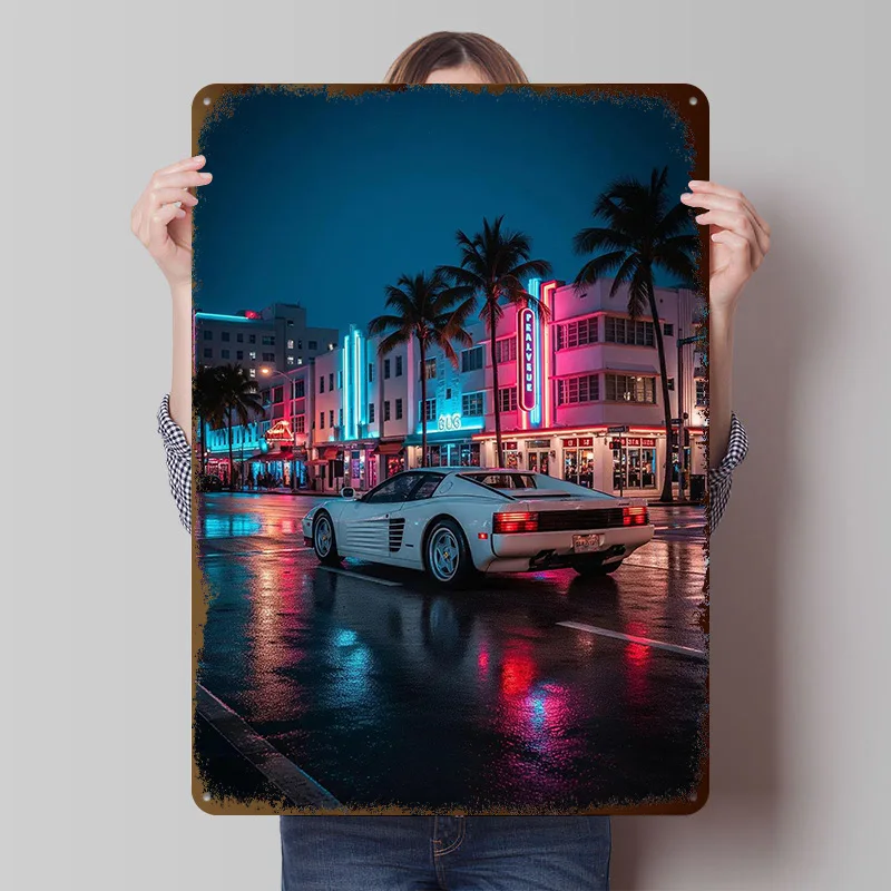 Sportwagen Testarossa in Miami Vice Weißblech Poster Maßgeschneiderte Wandkunst Vintage Metallschilder Retro Blechschild für Schreibtischdekoration Zuhause