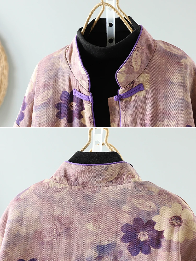 Chinese Style Floral Print Cotton-padded Women Parkas 2025 New Winter Vintage Casual Loose Thick Warm Stand Collar Outwear Tops