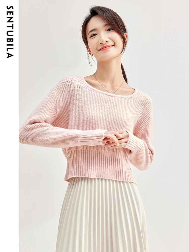 SENTUBILA Light Pink Square Collar Short Pullover Knitted Sweater 2024 Spring High Strecth Soft Female Knitwear Jumper W33E51091