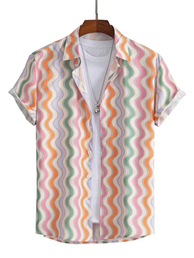 Summer Colorful Stripe Shirts Men's Hawaiian Casual Top Fashion Design Twisted Stripe Clothing Men's Street Outdoor Shirt