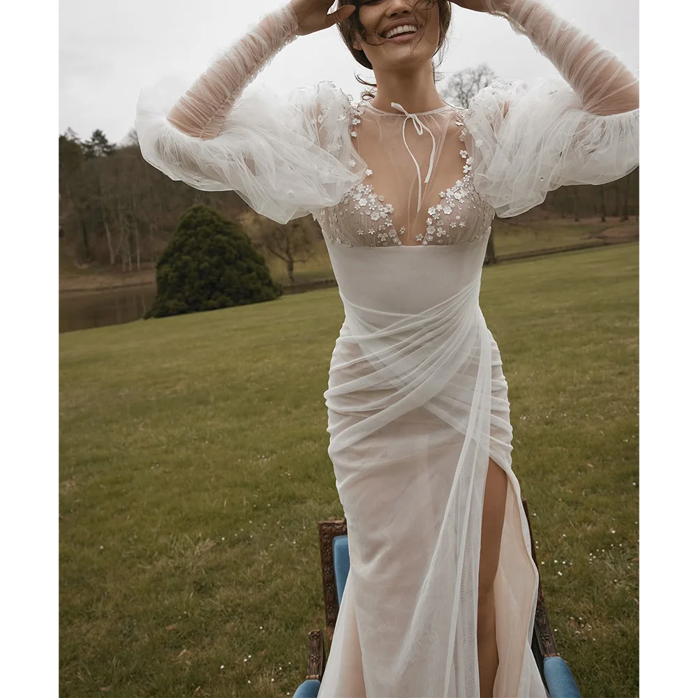 

White Tulle Prom Dresses V-Neck Mermaid Pleat Puff Sleeves Special Occasion Bride Elegant Romantic Party Gala Wedding Gown