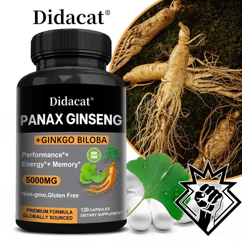 Premium Formula, Panax Ginseng + Ginkgo Biloba 5000mg - Energy, Performance & Cognitive Function Support, 120 Capsules