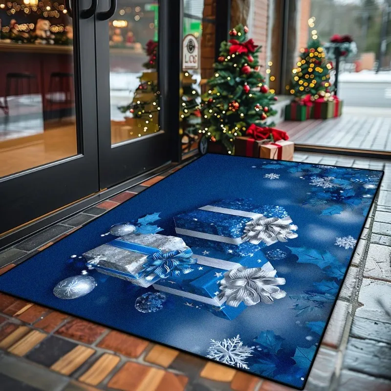 

Christmas Pattern Large Area Blue Carpet Living Room Anti-slip Soft Bedroom Bedside Decoration Winter Rug Entrance Door Mat