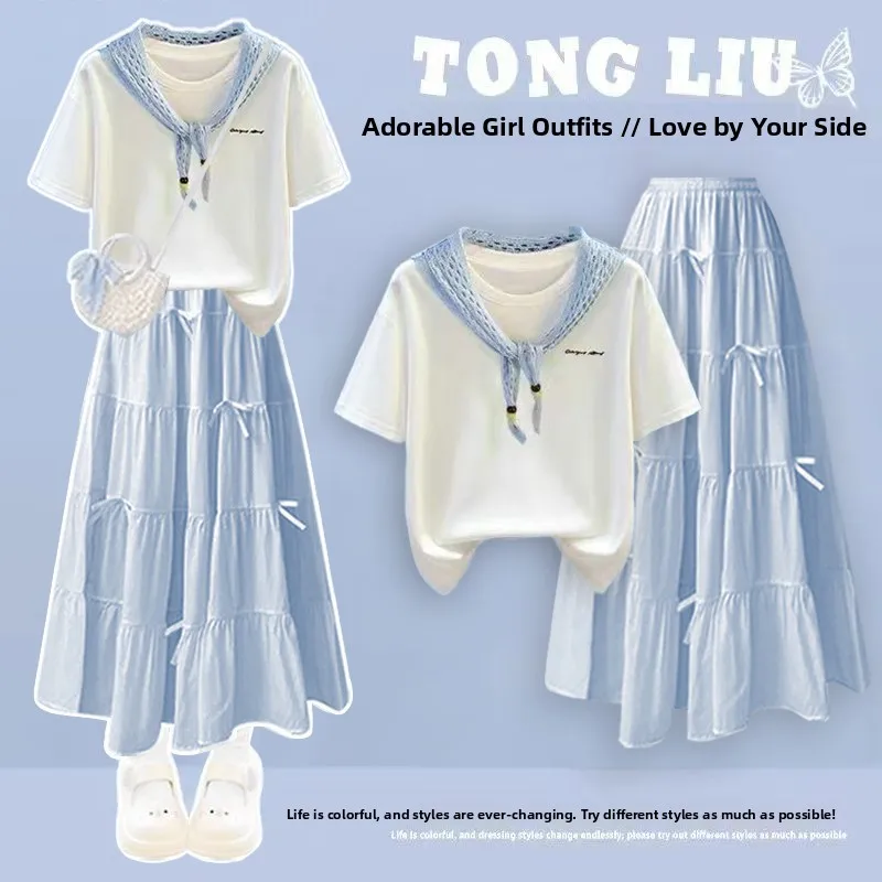 Girls Summer Thickened Short Sleeve T-Shirt And Scarf Beaded Heavy Work Slim Fit Fashionable Skirt Two Piece Set Breathable C...