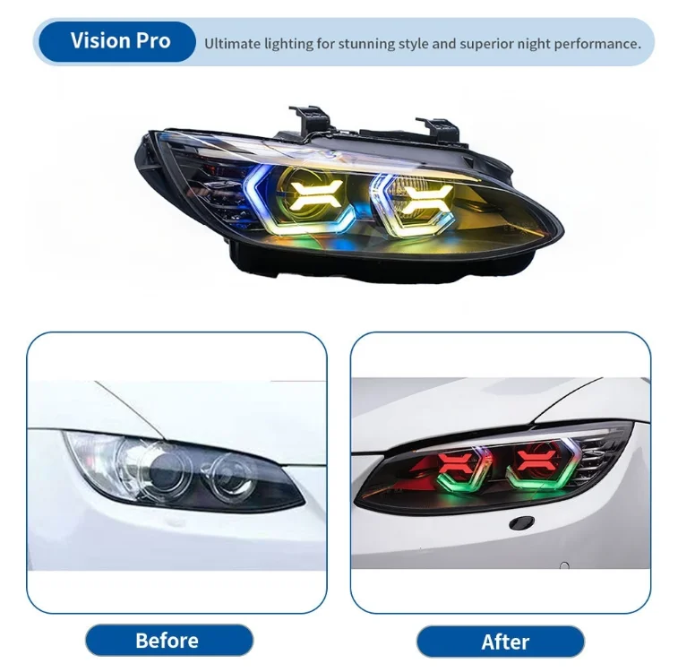 B-M-W 3 Series E92 E93 2006 2010 Headlights OSS Style RGB Unique LED DRL Plug and Play Custom Upgrade Headlamp