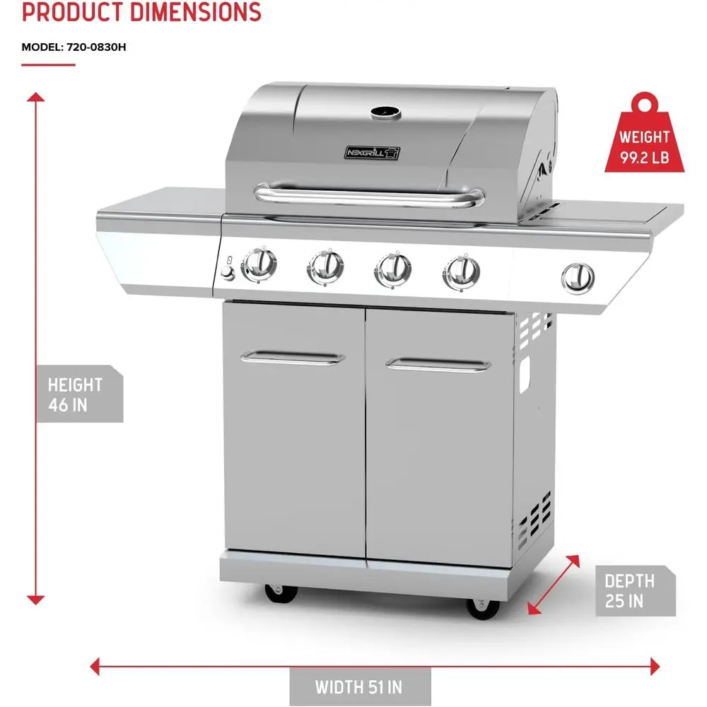 4-Burner Stainless Steel Propane Grill with Side Burner, 60,000 BTUs, 626 sq. in., Ideal for Outdoor Cooking and Grilling