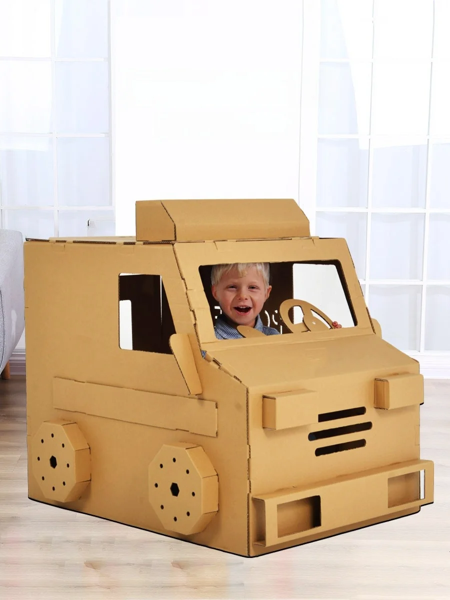 Man Haha DIY لعبة يدوية الصنع نموذج منزل للأطفال صندوق الورق سيارة يمكن ارتداؤها لعبة Eonal لأطفال رياض الأطفال