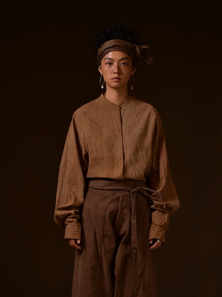 

Left Bank Mystique Cotton Linen Patchwork Stand Collar irt Long Sve Lightweight Embroidered irt Women's Original Design