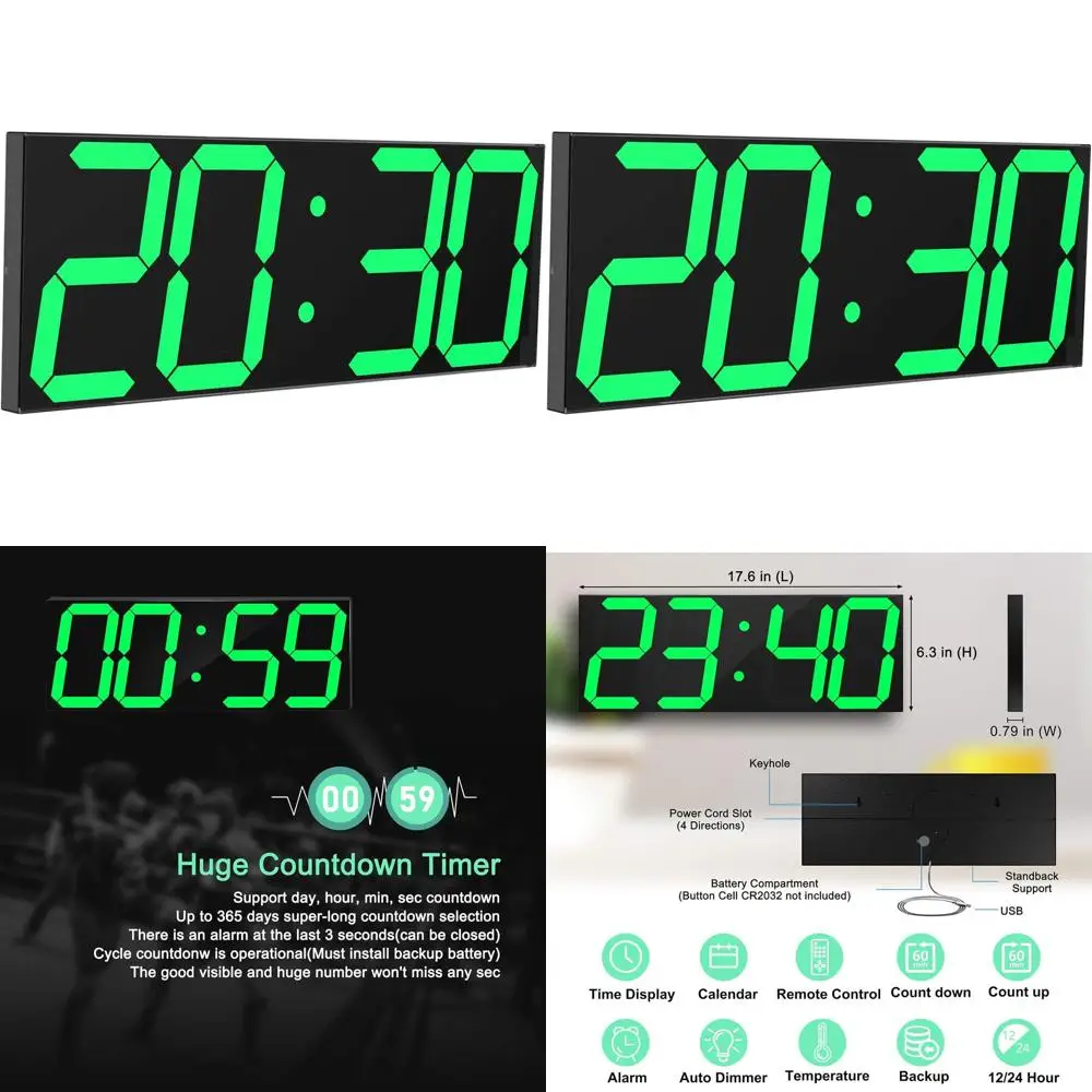 

Большие светодиодные настенные часы с 6 цифрами, пультом дистанционного управления, таймером, автоматическим затемнением, календарем и термометром, зеленые