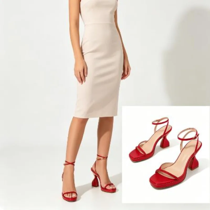 

2026 New Summer Fashion Crystal Sandals Woman Ankle Buckle Strap Square Toe High Heels Wedding Party Shoes Zapatos De Mujer