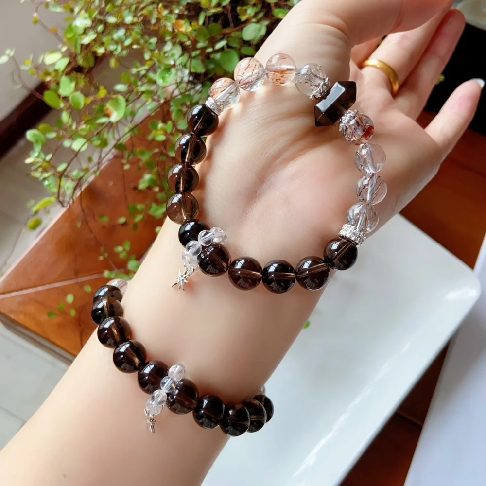1PCS 10MM Natural Smoky Quartz Black Golden Super Seven Bead Bracelet for Women Fashion Crystal Healing Energy Gemstone Jewelry view 3