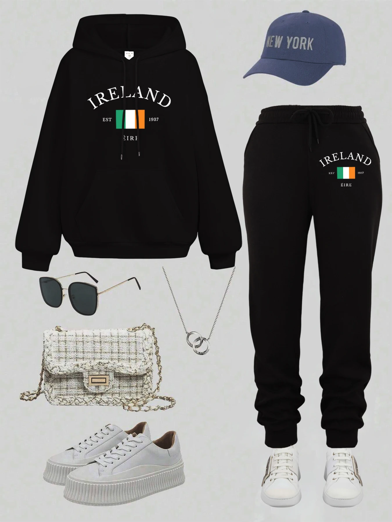 ชุดฮู้ดดี้แฟชั่นผู้หญิงลายพิมพ์ Ireland Est 1937 พร้อมกางเกงจ็อกกิ้งลำลองมีกระเป๋า กางเกงวอร์มผ้าฟลีซสำหรับฤดูใบไม้ร่วง เสื้อผ้าสตรีแนวสตรีท