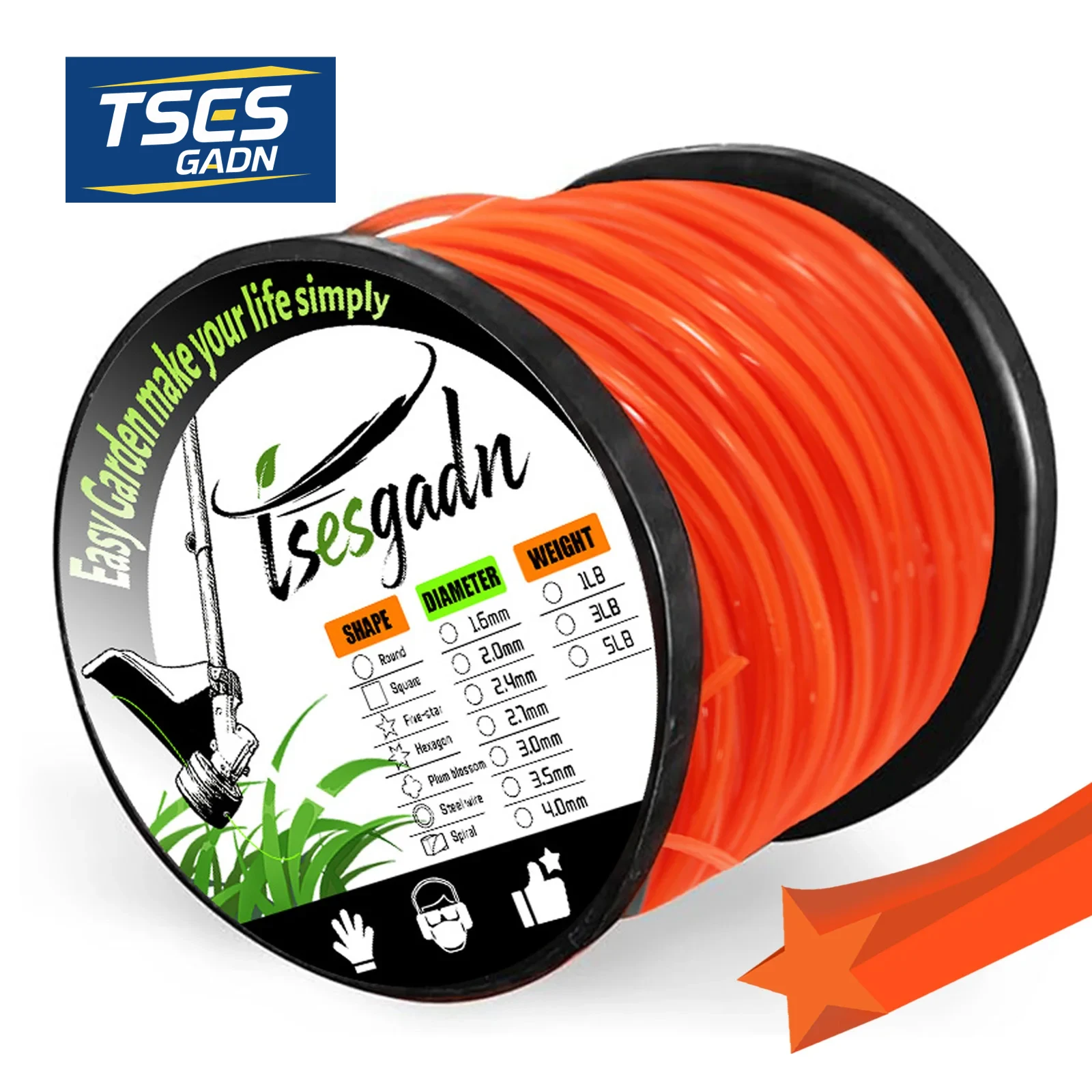 TSES 1LB Trimmer Rope Star Shape, String Trimmer Line, Commercial Grade Pentagon Weed Eater Spool, Premium Nylon Universal