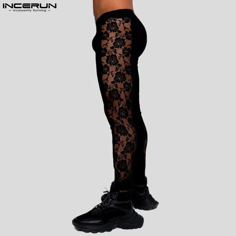 INCERUN Men Pants Lace Patchwork Sexy Elastic Waist Fitness Transparent Male Leggings Streetwear 2024 Fashion Trousers S-5XL