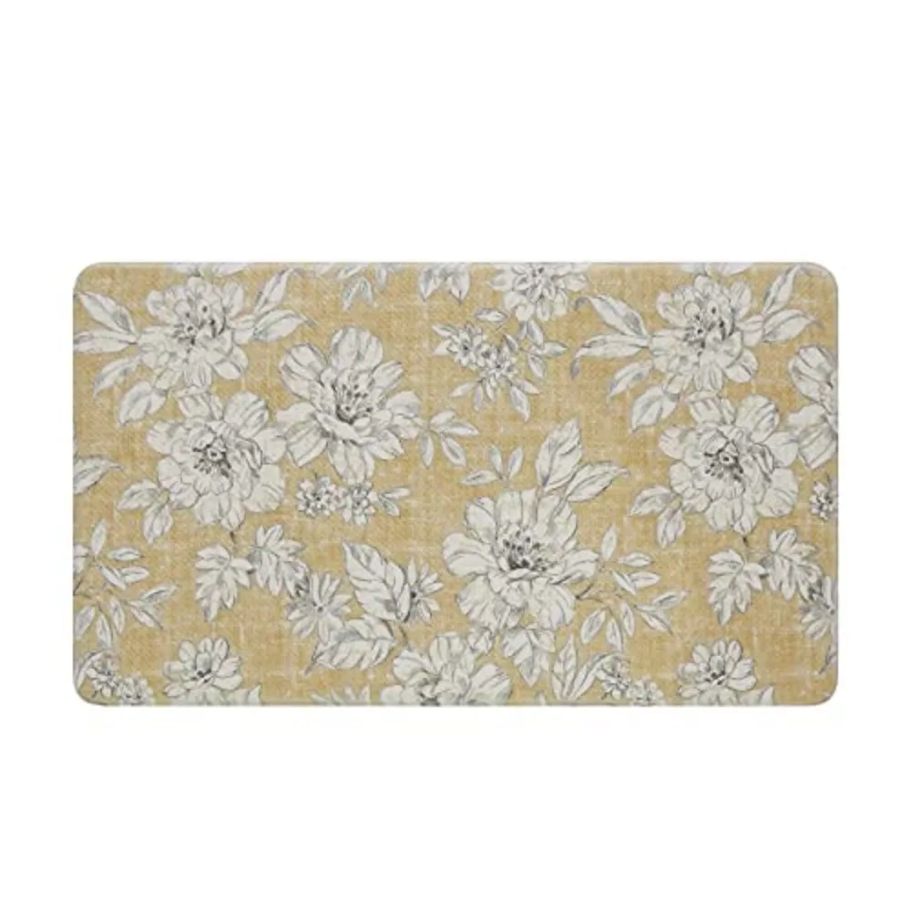 VIKAMA Peony Floral Kitchen Mat Waterproof Anti-Fatigue Non-Slip Rug Tan Iris Flower Cooking Floor Mat