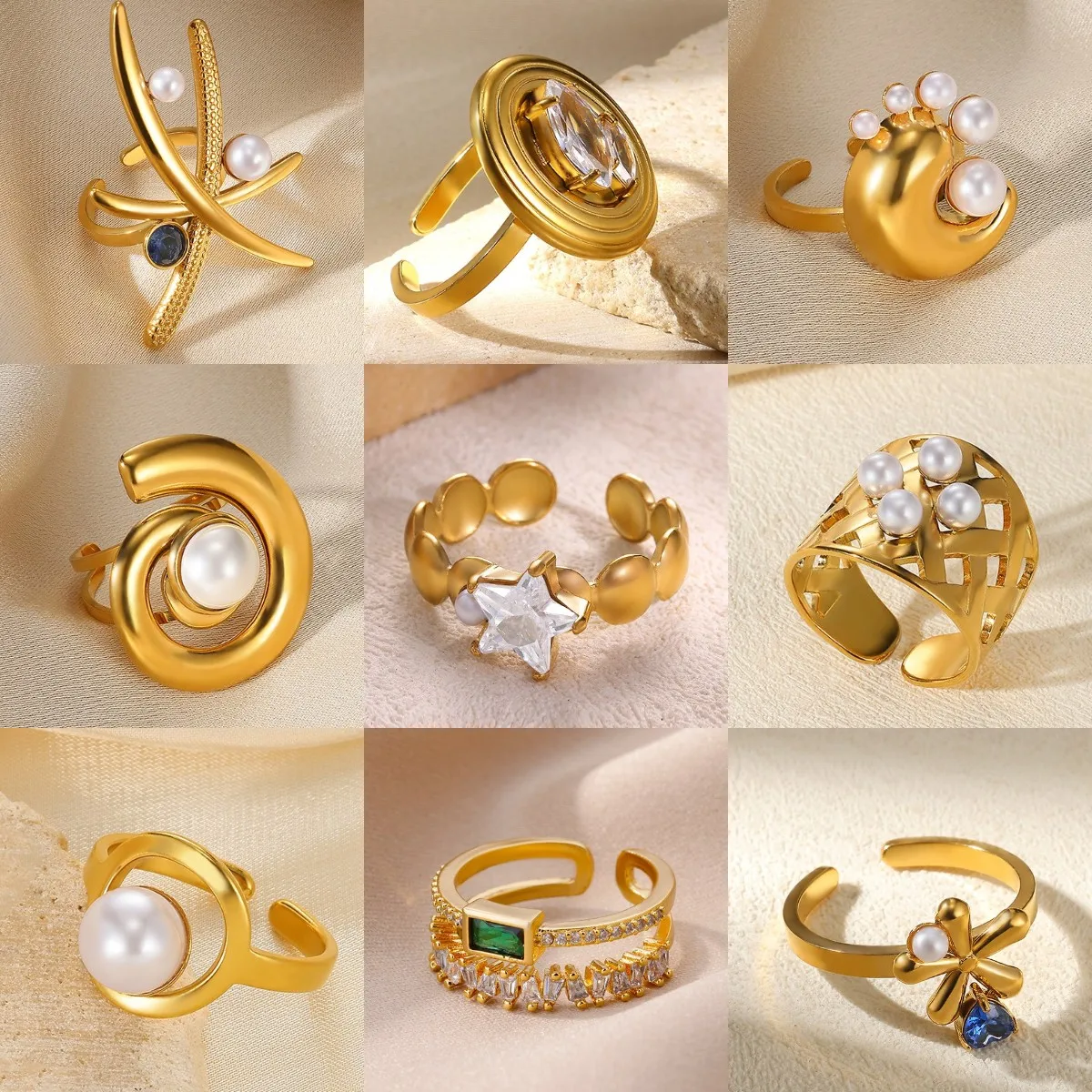 Exquisite Sternförmige Zirkonia Offene Ringe Für Frauen Gold Farbe Edelstahl Imitation Perle Höhlte Heraus Ringe Kostenloser versand