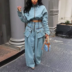 Denim Women's Set Ruched Long Sleeve Jacket and Pocket Front Loose Jeans Pants 2024 Two 2 Piece Sets Outfits Tracksuit
