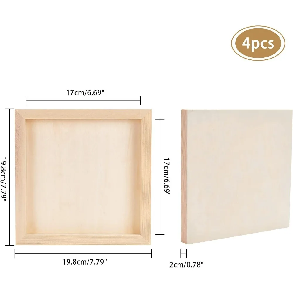 4pcs Wood Painting Canvas Panels 7.8x7.8 Inch Square Unfinished Wood Cradled Painting Panel Boards for Oil Painting Clay