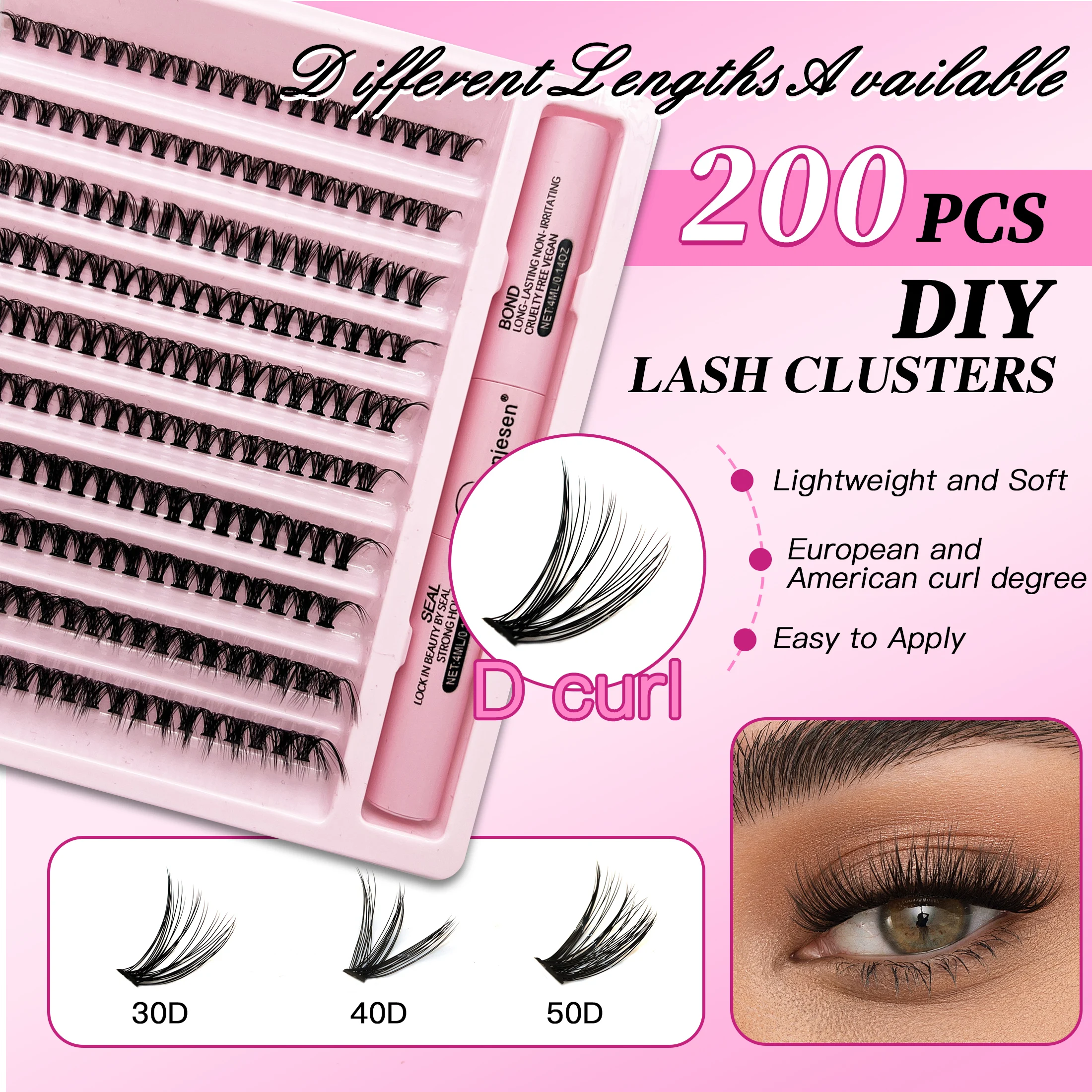 Rzęsy 200 PCS Klasterki Lash Bond i Seal Narzędzia do makijażu DIY Zestaw do przedłużania rzęs do klejenia rzęs Klej Akcesoria