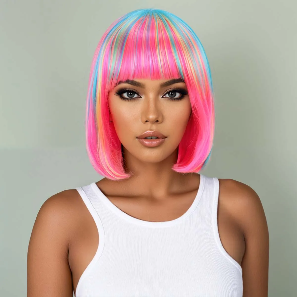 Halloween Cosplay Regenbogenfarbene synthetische Bob-Perücke für tägliche Versammlungen