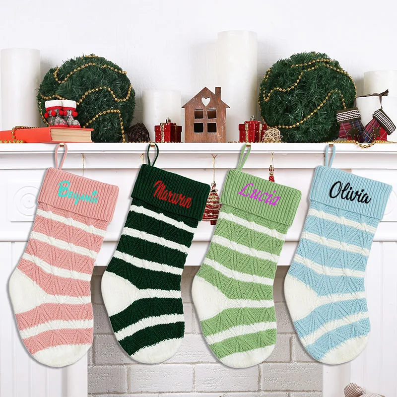 

Personalized Embroidered Knitted Striped Christmas Socks Festival Decoration Christmas Tree Pendant Cute Creative Gift Bag