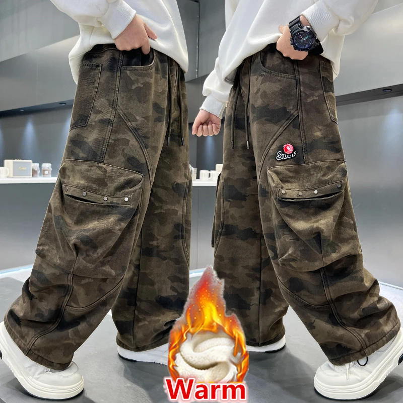 

Big Boy Winter Brown Camouflage Cargo Pants with Pocket Kids Loose Casual Thermal Camo Trousers Children Fleece Lined Sweatpants
