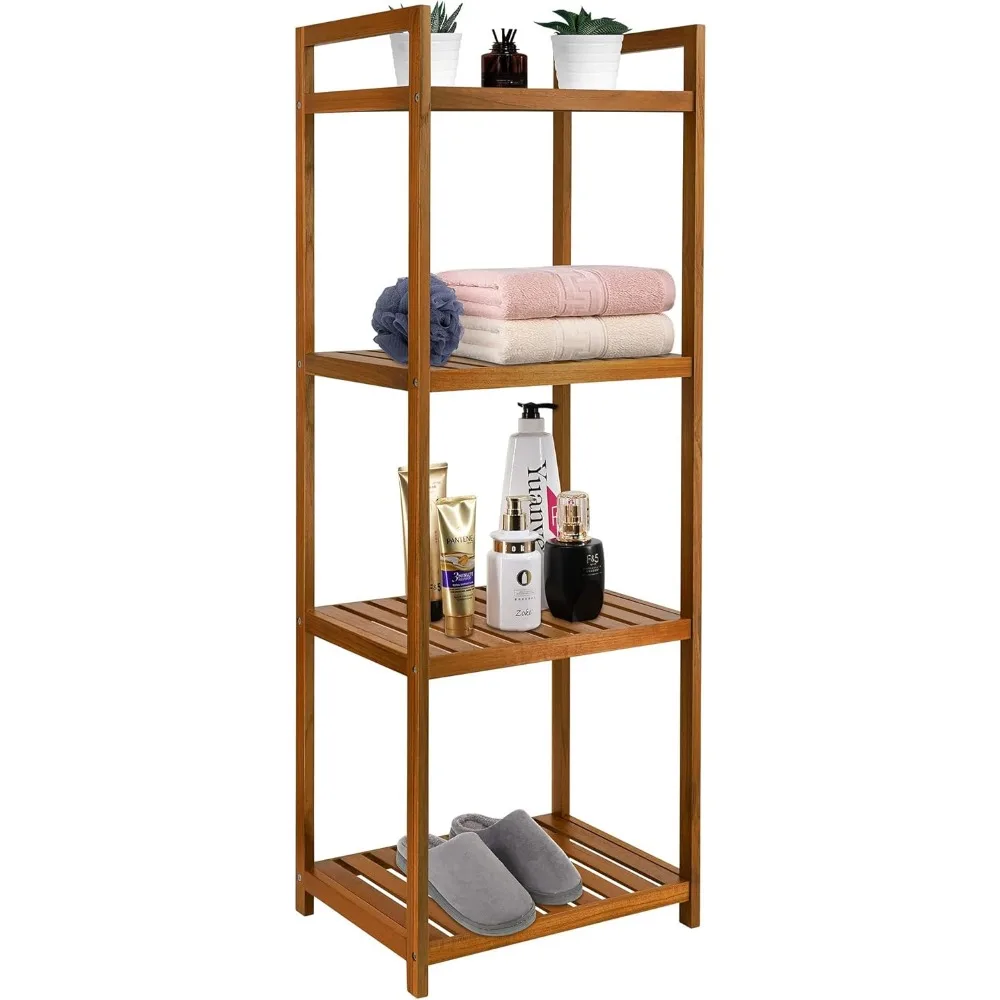 

Teak Wood Bathroom Shelf Organizer Stand, Standing Shelves Shower Caddy Units, Freestanding 4 Tier Bath Storage for Floor