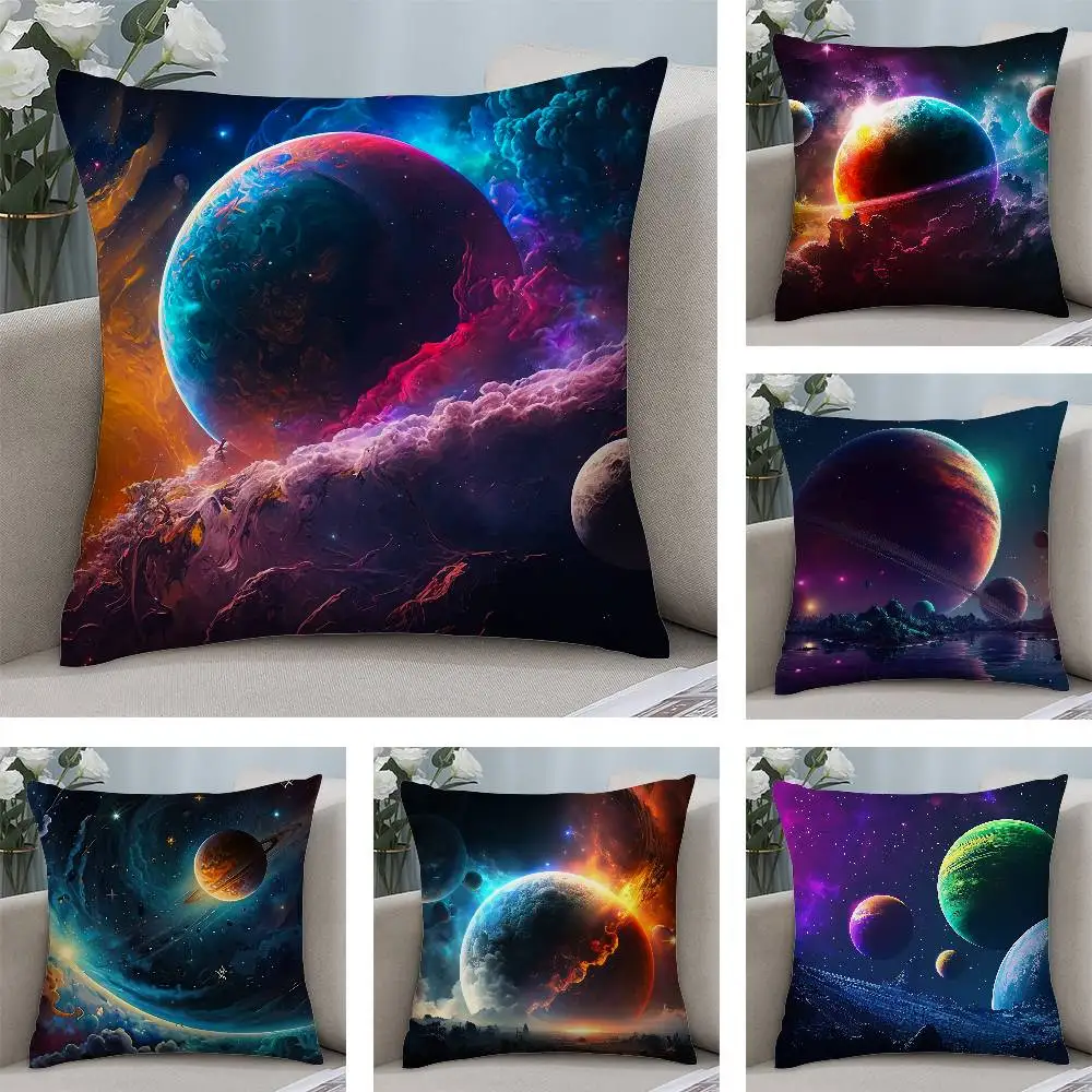 Funda de almohada de colección Planet Space, fundas de almohada cuadradas con estampado de doble cara de felpa corta, decoración de cojín para el hogar y el sofá