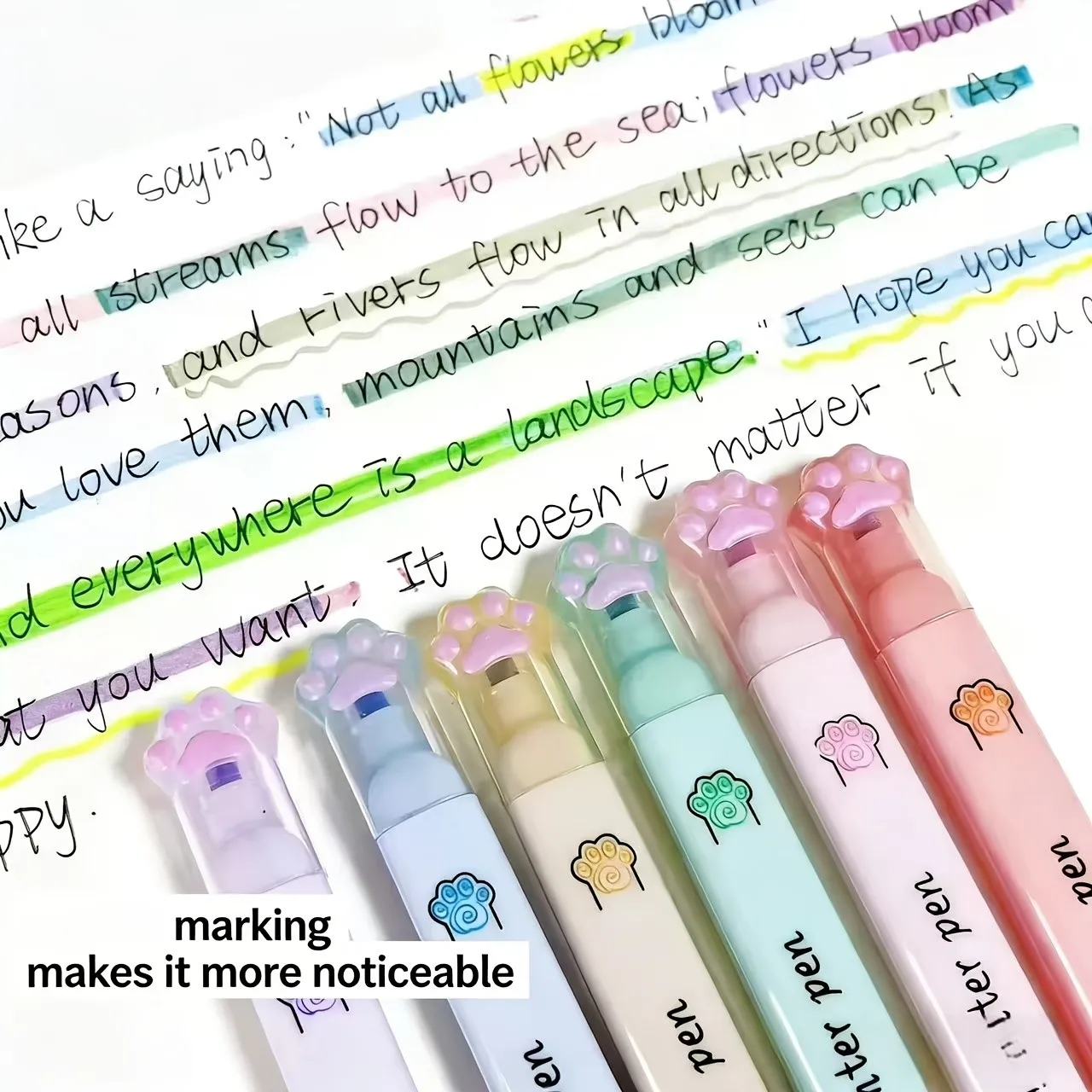 6PCS Cat Claw Highlighter Pens – Fluorescent Markers for Note-Taking, Journaling & Office Use – Pastel Colors