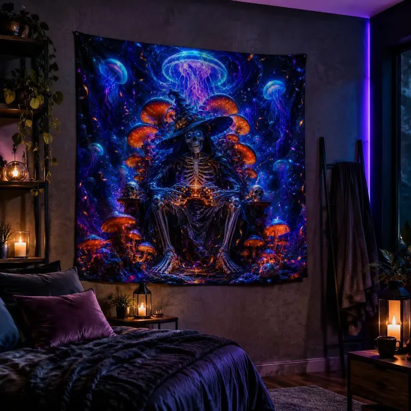 VIKAMA Skeleton Wizard Mushroom Tapestry Wall Hanging Blue Purple Jellyfish Trippy Gamer Psychedelic Aesthetic Wall Art Decor