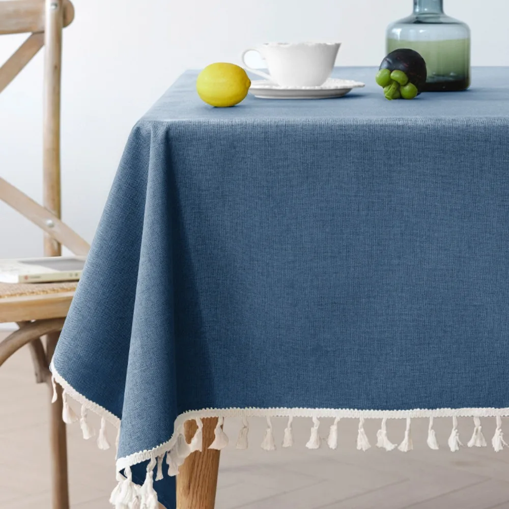 

Rectangular Rural Style Textured Tablecloth Waterproof Oil-proof Table Decoration Cotton and Linen with Tassel Table Cover