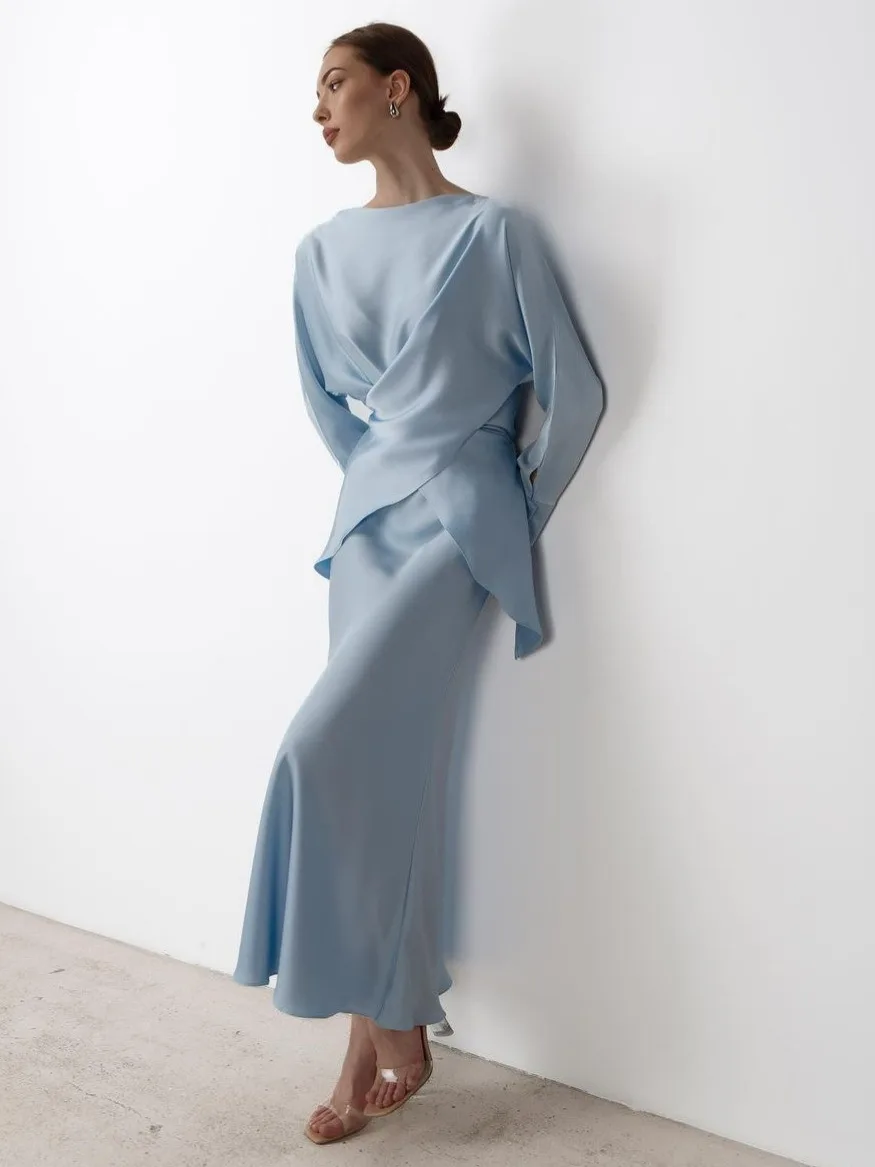 

Ele Satin Belted Top And f Skirt Two Piece Set Spring Women Faion Ensemble Long Sve round Ne Overhead Sle