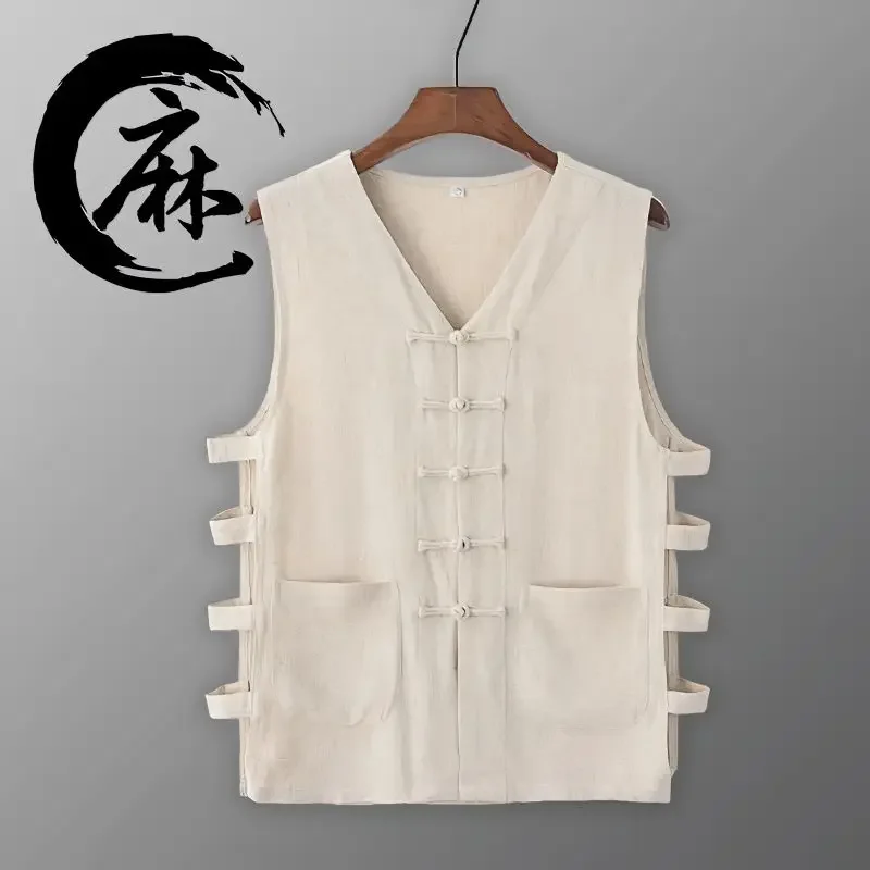 

Summer Casual Cotton Linen Sleeveless Tang Suit Vest Chinese Traditional Clothing for Men Vintage Shirt T-shirt Jacket