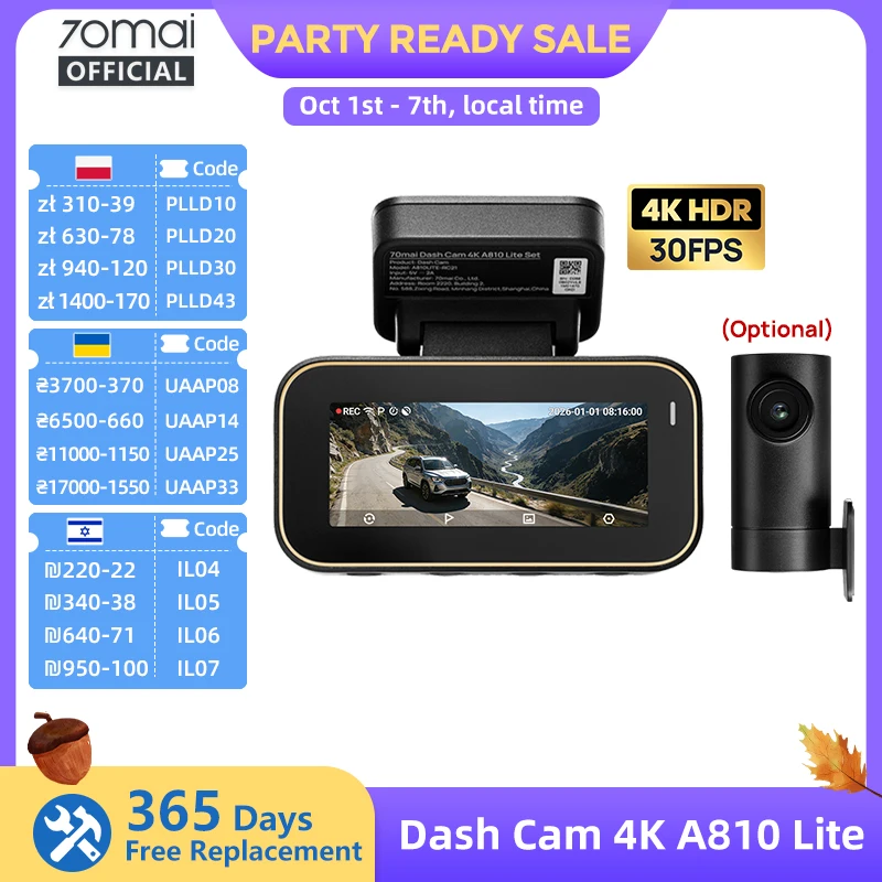 70mai Dash Cam A810 Lite 4K HDR + 1080P, Supercapacitor 4G LTE Remote Control Wi-Fi 6 GPS Voice Control Car DVR 70mai A810 Lite