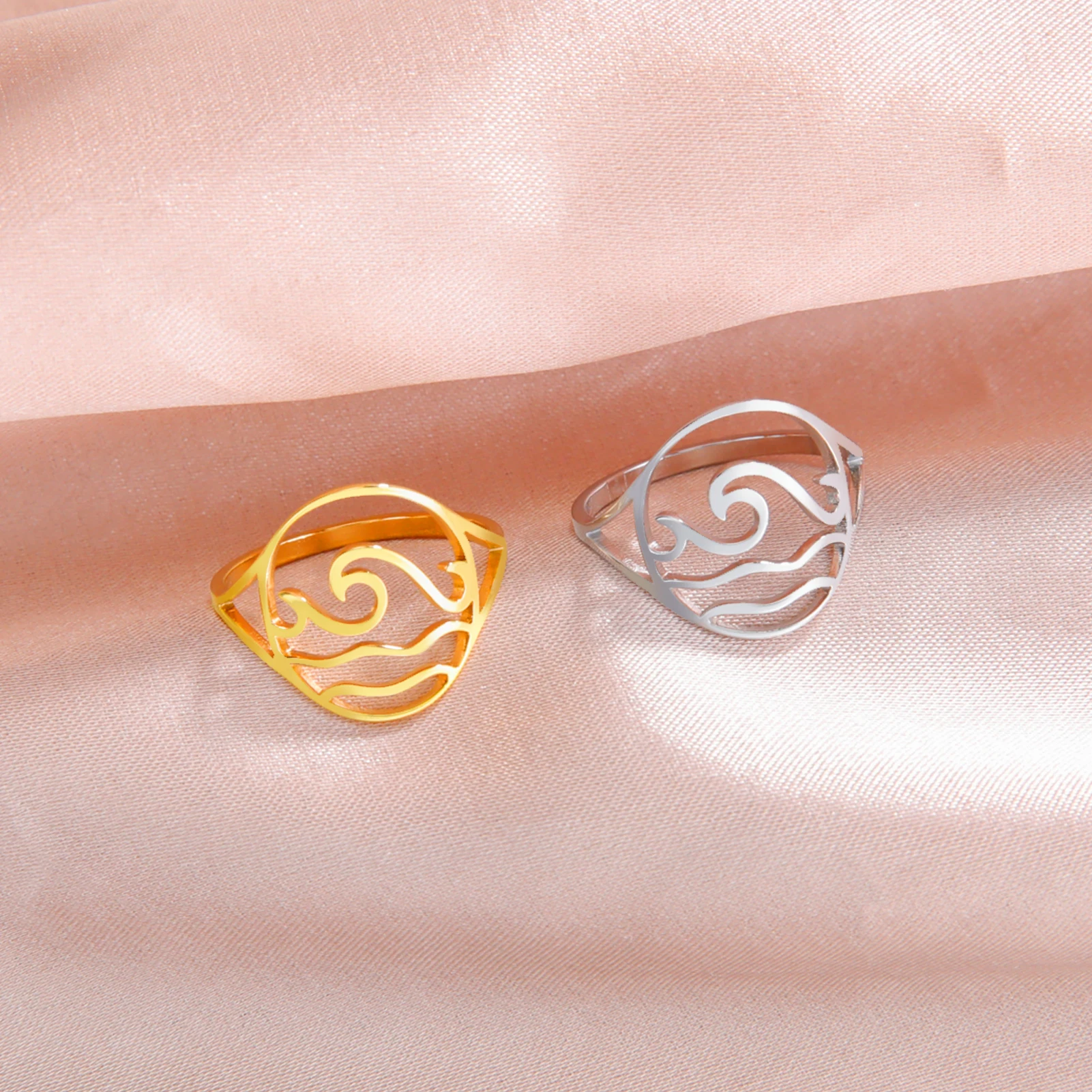 Lucktune Einfache Meereswellen-Ringe für Frauen, Edelstahl, trendige geometrische Ozean-Surf-Fingerringe, Schmuck, Hochzeit, Muttergeschenke – Detail 13