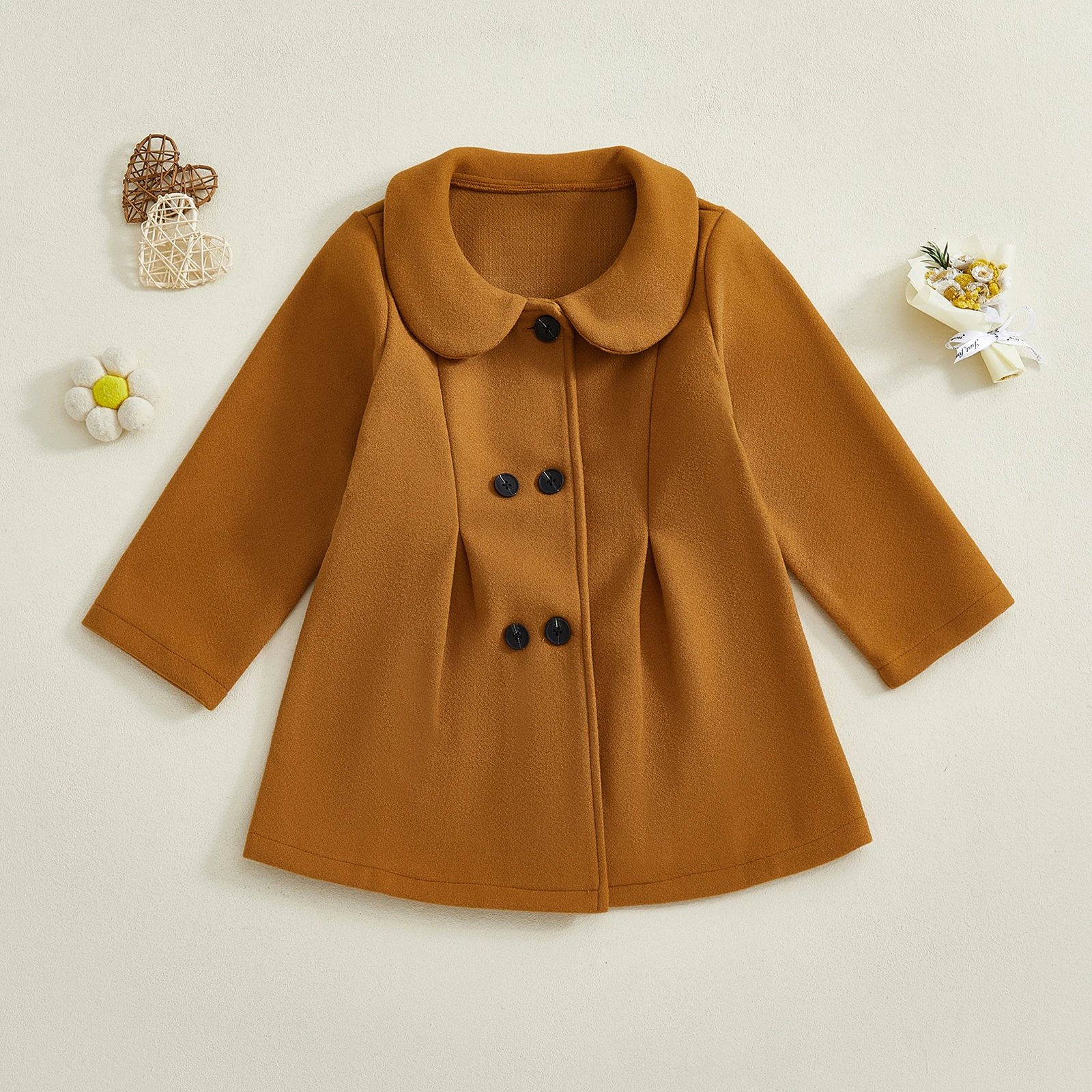 

2-6Years Little Girls Woolen Coat Long Sleeve Turn-down Collar Button Closure Solid Jacket Fall Winter Thicken Warm Outerwear