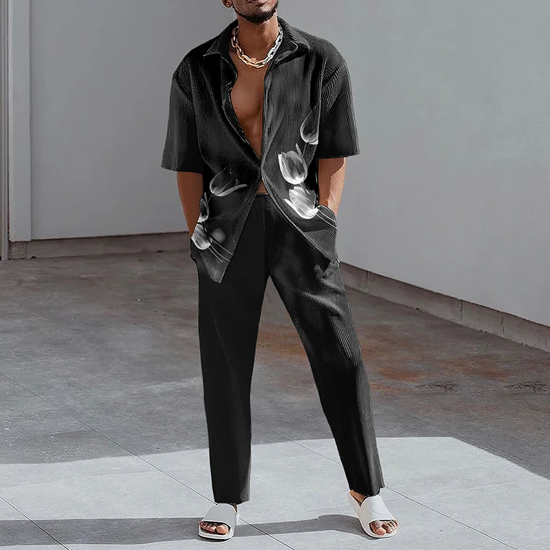 

Men's Shirt Suits Summer Fashion 3D Print Two-Piece Set Short Sleeve Lapel Shirts Top And Pants Casual Streetwear Suit Outfit