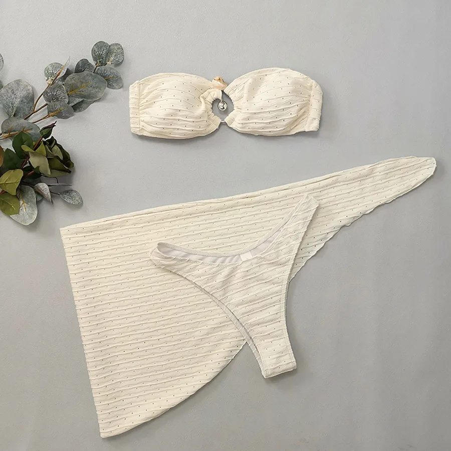 

White Bandeau 3 Piece Bikini Set with Cover Up Sexy Swimsuit Women 2025 Metal Ring Swimwear Back Knotted Swimming Suit Beachwear