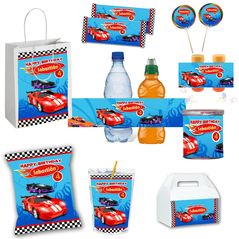 Mini etiquetas adhesivas de barra de Chocolate con tema de coche de carreras personalizado, pegatina para envoltorio de dulces, bolsa de patatas fritas para Baby Shower personalizada con ruedas calientes