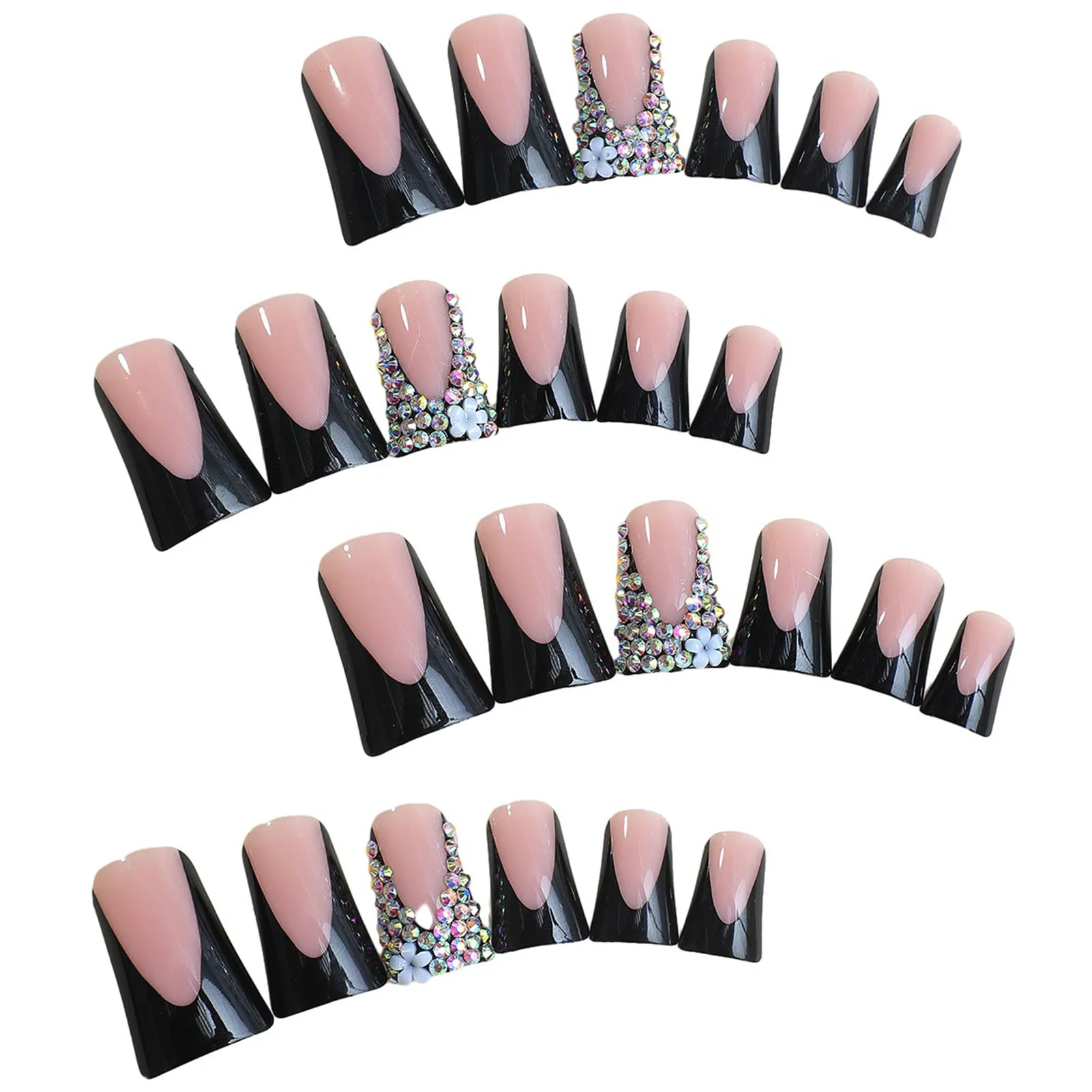 24pcs French Duck Nails Tips Removable Resin Black Nail Tips with Rhinestones for Women and Girl Nail Salon at Home