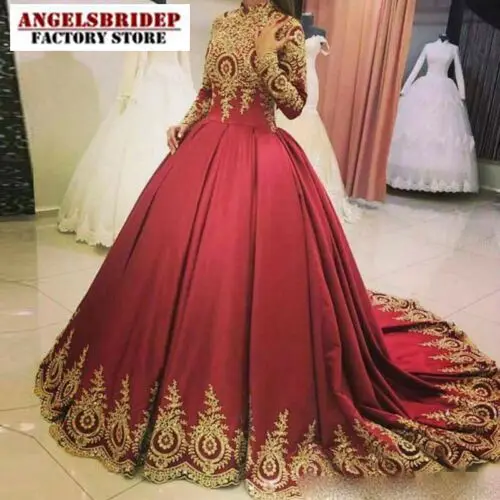 

Angelsbridep Burgunday Evening Dresses With Gold Appliques Long Sleeves High Neck Court Train Women Prom Gown Robes De Soirée