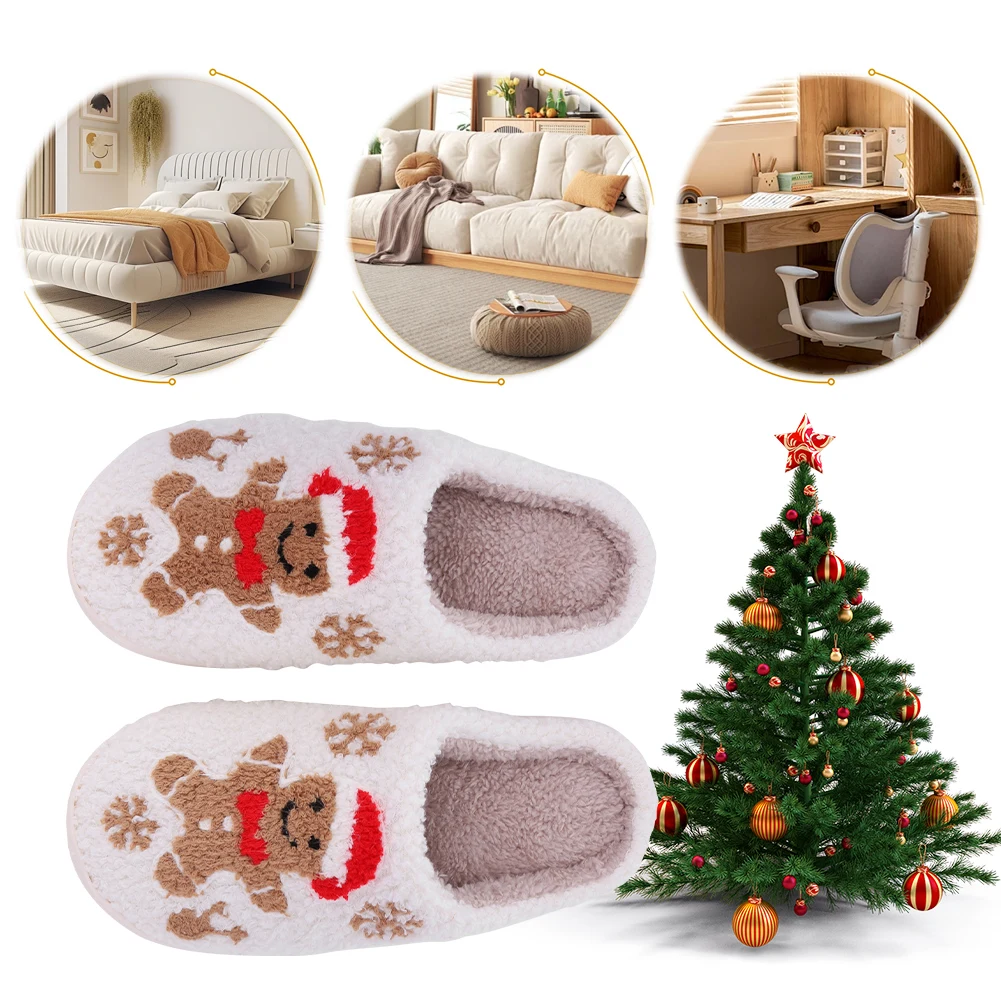 Christmas Gingerbread Man Slippers Furry Snowflake Slippers Comfortable Soft Couple Slippers Anti Slip for Indoor Bedroom