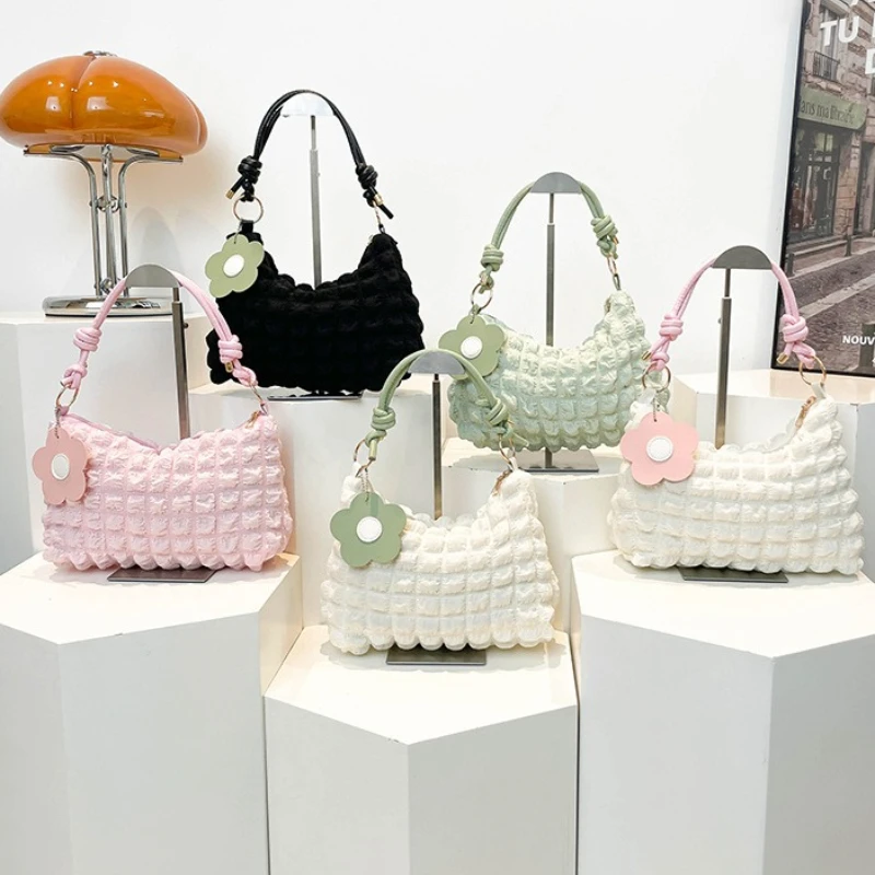 

Minimalist Fashion Hobo Bag with Pink Handle Shoulder Purse Flower Charm Soft Underarm Bag for Women Handbag Cute Casual Style