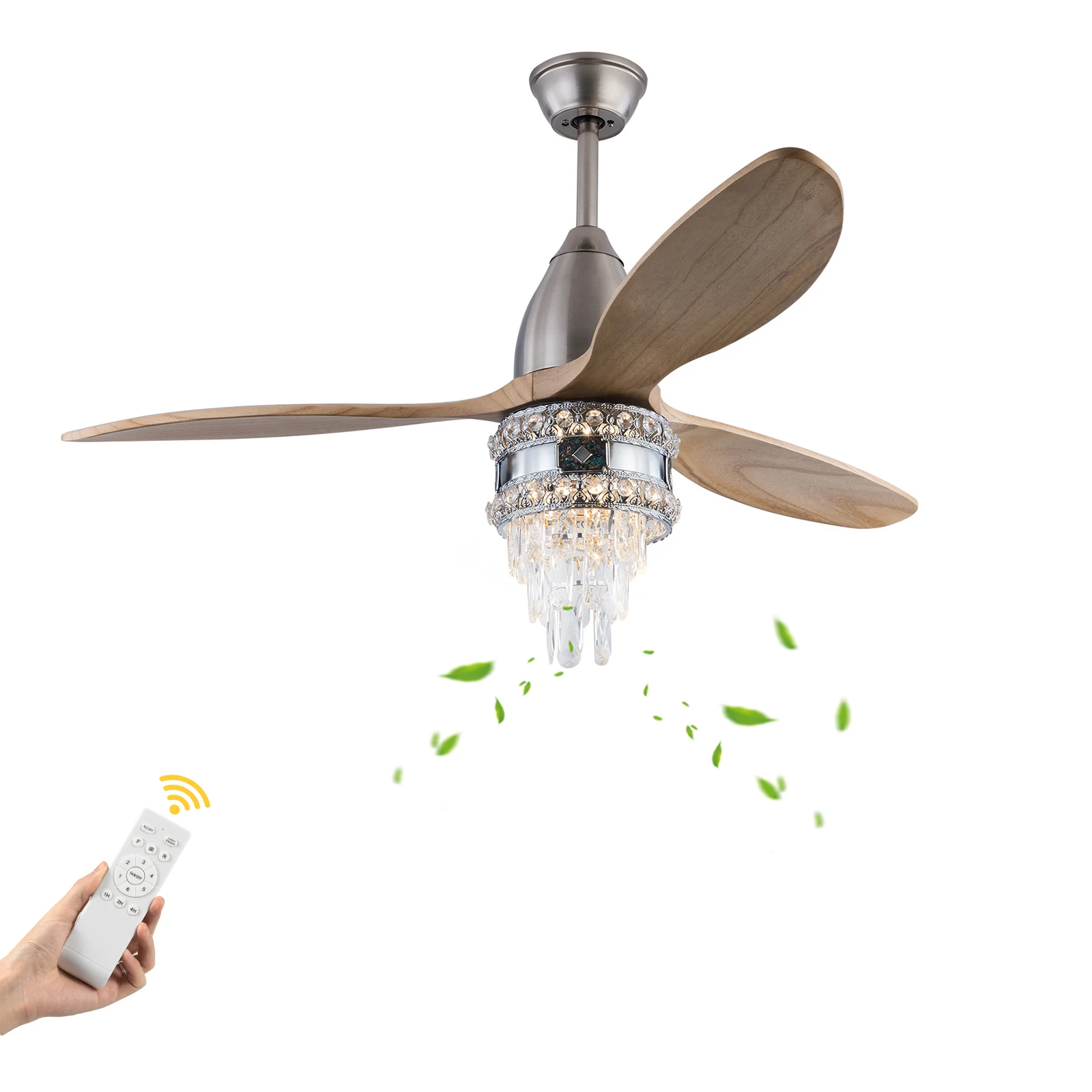 

52-in LED Light 3-Color Change with Crystal 6 Speed Reversible Ceiling Fan with Remote Control, Wood Blades