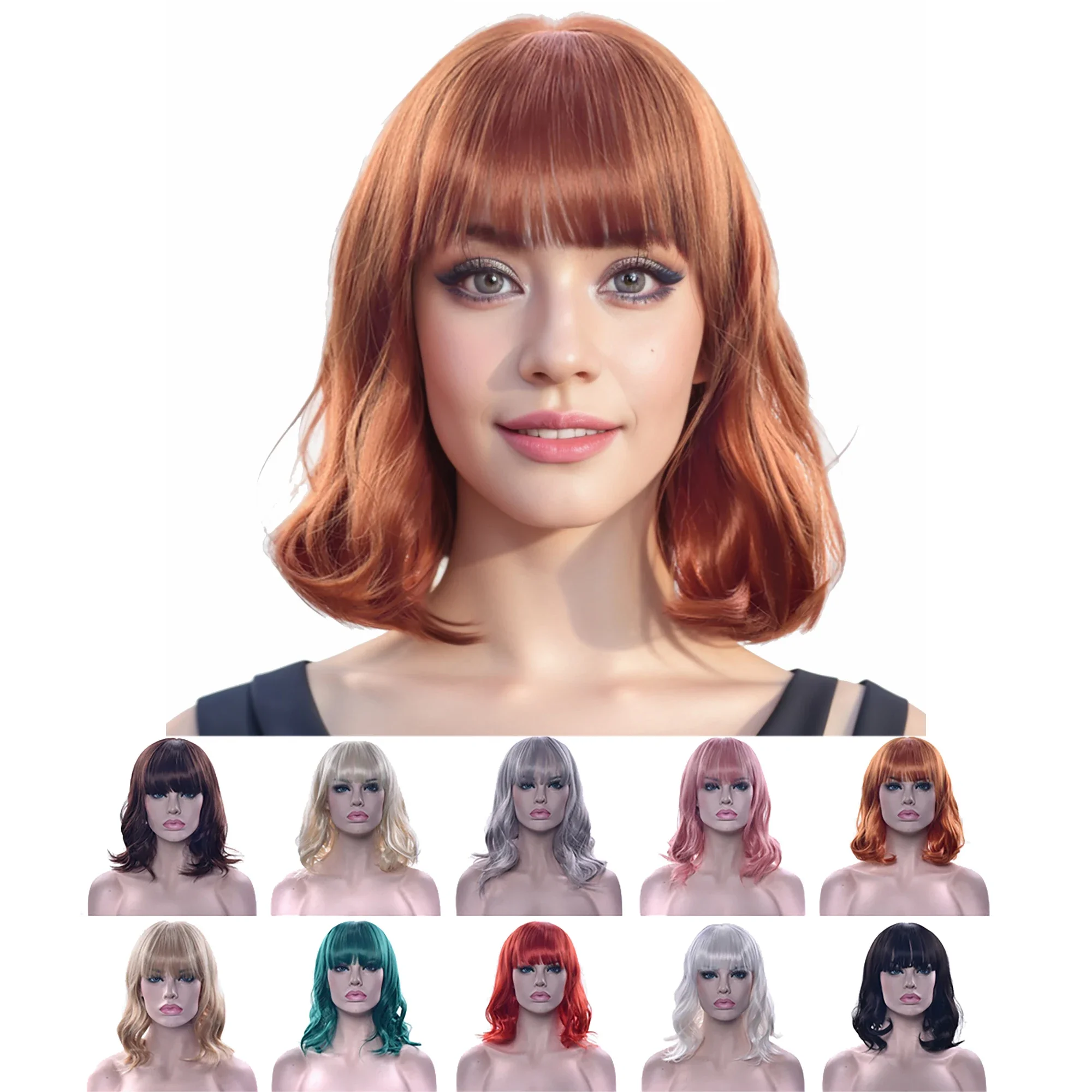 الشعر الاصطناعية قصيرة الشعر البني شعر مستعار مجعد الحرارة الوردي المرأة قطع الشعر تأثيري الباروكات Perruque الزنجبيل شعر مستعار #6