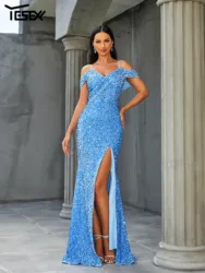 Yesexy New Spaghetti V Neck Sequin Blue Split Evening Formal Occasion Chic Elegant Woman Dress